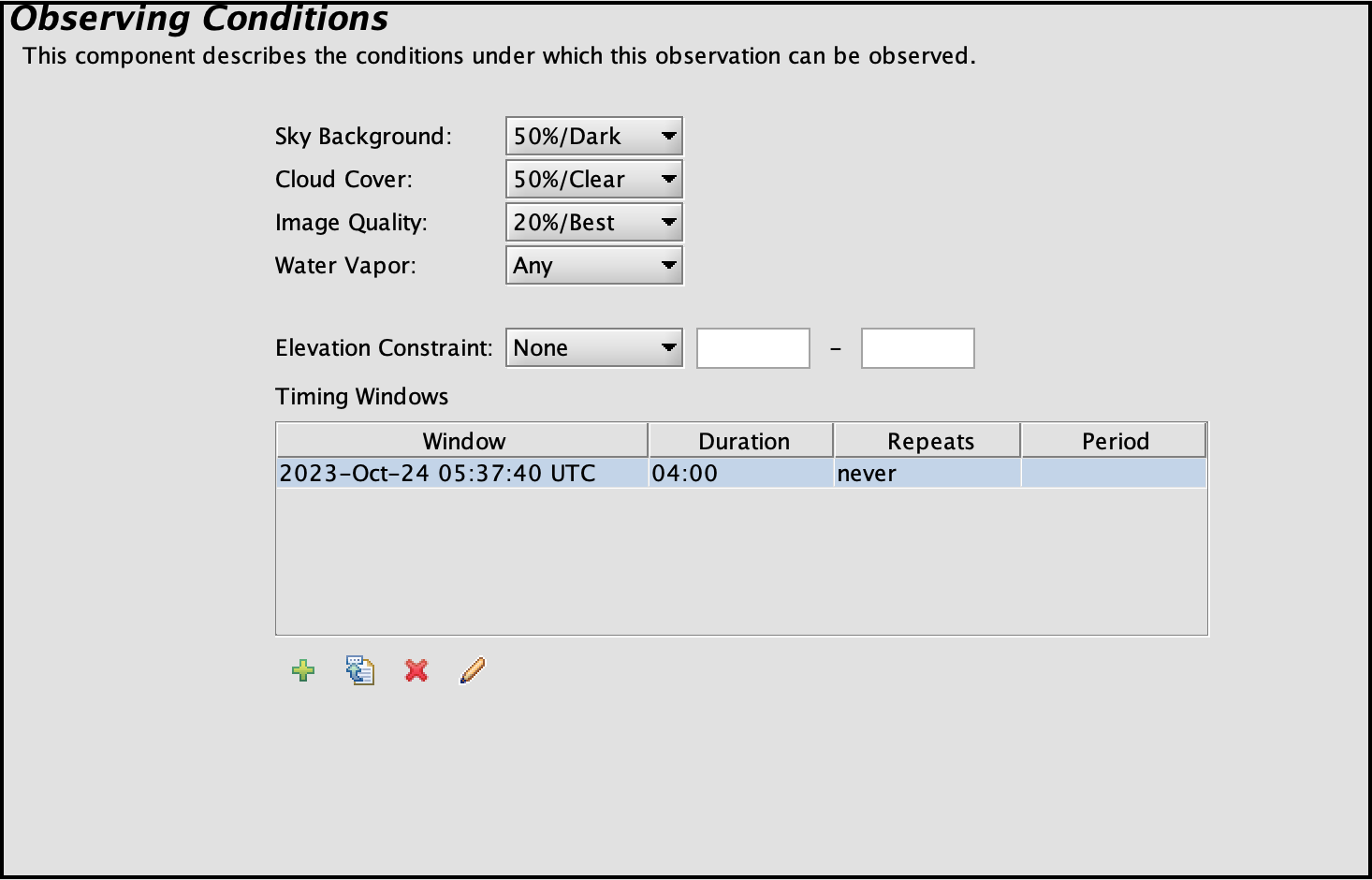 Screenshot showing an example of a timing window entered in the OT, in the observing conditions component.