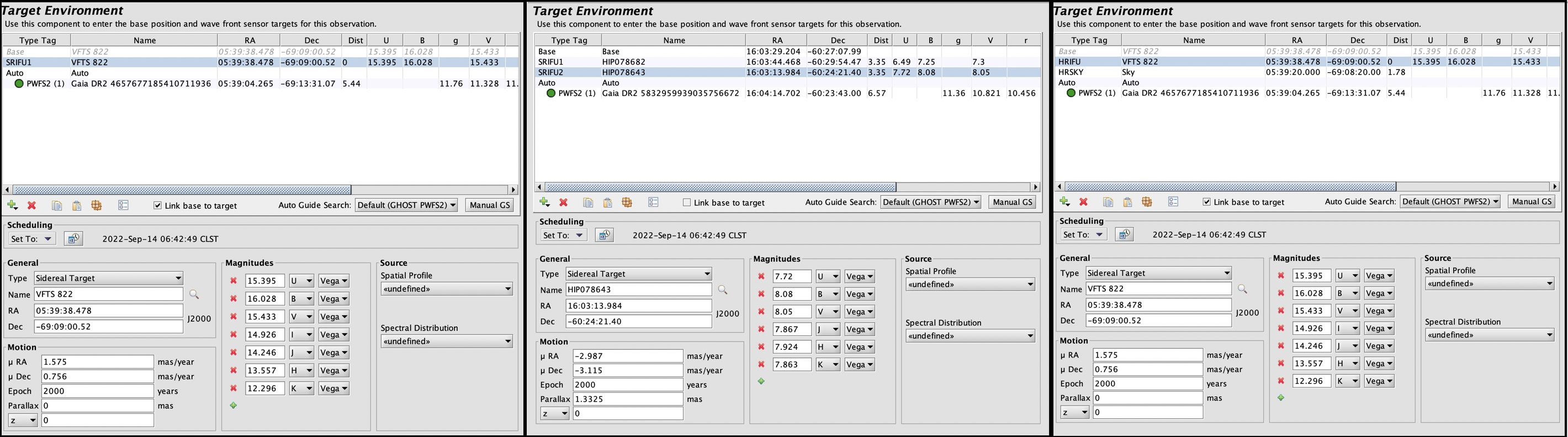 Three screenshots showing example of GHOST target components. At the left the Single Target SR mode, Dual Target SR mode at the center and finally HR mode at the right.